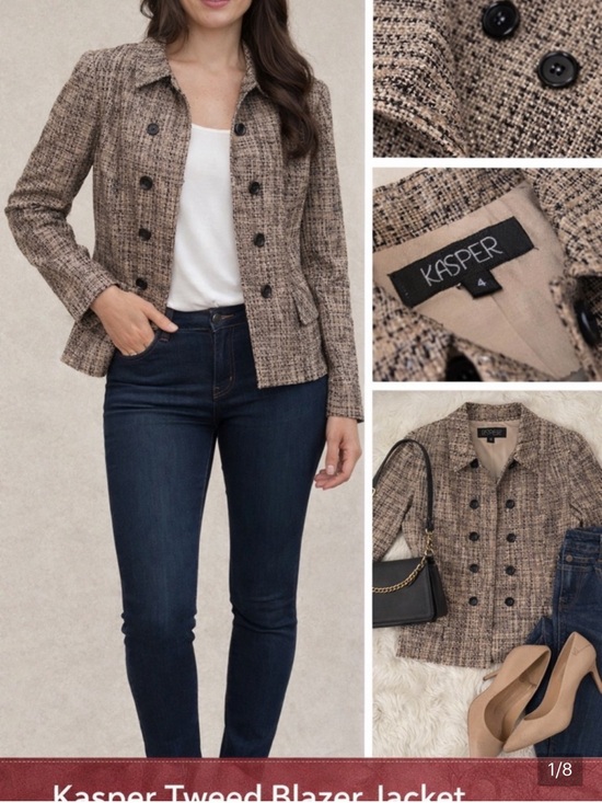 Kasper Jackets & Blazers - Kasper Women's Tweed Double-Breasted Blazer in Beige and Black 4P
